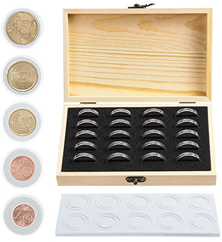 Kinsinder 20 Stück Münzsammelbox aus Holz, mit runden Münzkapseln Kunststoff, für Münzsammler, 18mm/20mm/23mm/25mm/27mm