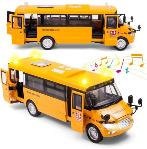 Ming You School Bus Toy for Toddlers - 9 Die-cast Pull Back Cars with Sounds Lights and Openable Doors, School Bus Toys for Kids Ages 4-8