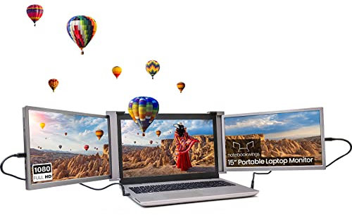 notebookwings 15 - Tragbarer Monitor für Laptop, Full HD IPS Dual Bildschirmerweiterung, HDMI/USB/Type-C Plug and Play Gaming Computer Monitor für 15-17 Mac Windows Chrome Laptops