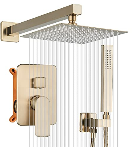 JUNSOTTOR Shower Set Concealed Shower Rough in Valve Body Wall Mounted Shower Mixer Taps Rain Shower Mixer Combo Set with 12 Inch Rainfall Ultra Thin Shower Head Handheld Spray Bathroom Luxury Gold