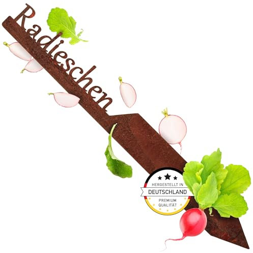 EXTRAVAGANT® Gartenstecker „Radieschen“ Gemüsestecker Gemüseschilder Gemüse Metall Stahl Rost Edelrost wetterfest für Garten Beet Pflanzenschilder Pflanzenstecker Gartenschilder Gartendeko Roststecker