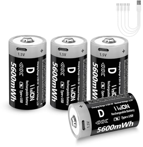 LDSMNLI Rechargeable D Batteries 1.5V 5600mWh Lithium-ion Batteries with 4 in 1 USB-C Charging Cable, D Li-ion Batteries 1000 Cycles for Flashlight, Water Heater, Gas Stove (4 Pack)