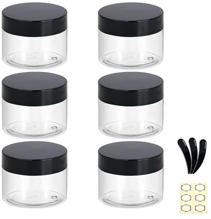 Apstaqeoo 6PCS 100ML Empty Plastic Jars With Black Lids, Clear Round Face Cream Jars Cosmetic Container Travel Storage Jar With Inner Liners for Body Scrub/Lotion/Powder/Ointment/Salves/Sample/Makeup