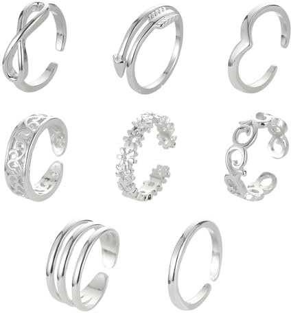 8 Stück Offene Zehenringe Set für Damen Mädchen Silber Frauen Fußkettchen und Zehenring Set Verstellbare Fußkettchen Fußschmuck