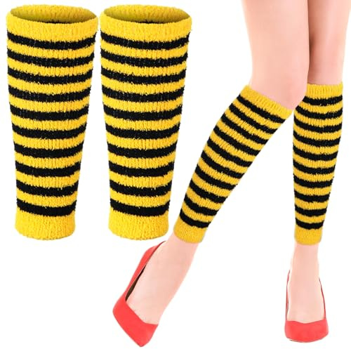 Jadive Beinwärmer Stulpen aus Korallenfleece Lange Beinstulpen für Frauen Mädchen Damen Karneval Mottoparty Cosplay Zubehör(Gelb und Schwarz,Biene)