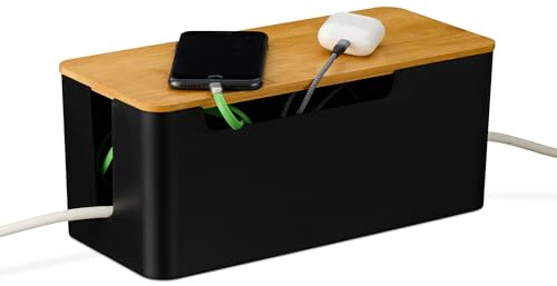 Relaxdays kabelbox för 2 uttagslister, bambulock, plast, svart/natur | HBT: 13x31x14 cm, döljer kablar