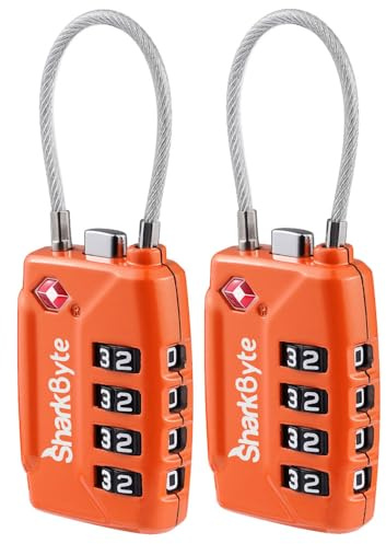 SharkByte TSA Approved Luggage Locks | Wire, 4-Digit Combo (10K Combinations) | Secure Suitcase, Gym Bags & More (2 Pack) Orange