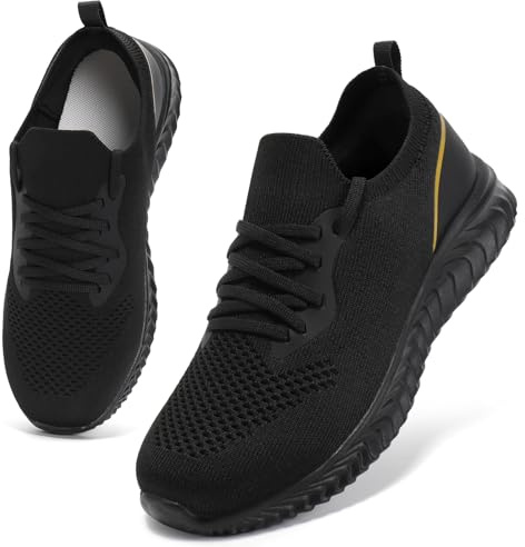HKR Womens Trainers Comforble Slip on Orthopedic Shoes for Women Work Mesh Ladies Gym Trainers with Arch Support Black Gold UK 4
