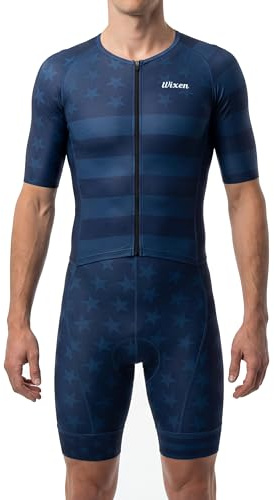 Wixen Menās Aero Triathlon Suit ā Quick Dry, Breathable Men Tri Suit with Rear Pockets Skinsuit for Swim Bike Run - Us Flag- L