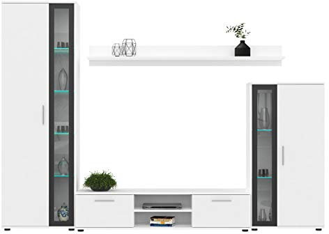 Mirjan24 Wohnwand Bentley, Praktische Anbauwand, Schrankwand, Mediawand, mit viel Stauraum, Top-Qualität (Weiß/Schwarz, mit LED Beleuchtung)