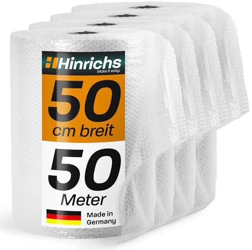 Hinrichs Luftpolsterfolie Rolle 4x 50m x 50 cm - Ideal für Versand, Verpackung und Umzug - 100% recyclingfähig - Bubble Wrap als Verpackungsmaterial - Noppenfolie - Polstermaterial