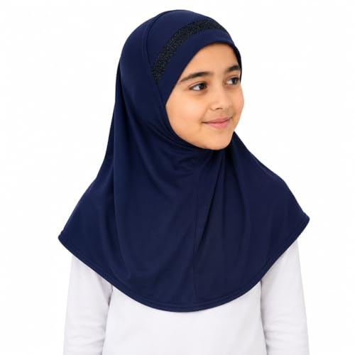 Yaqeen Foulard istantaneo per ragazze hijab al Amira con bordo glitterato, sciarpa pronta da indossare, ideale per qualsiasi occasione scuola/asilo nido, blu navy, Taglia unica