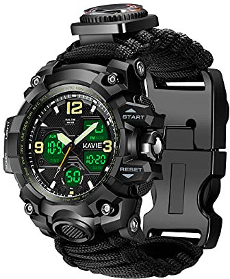 23-in-1 Survival Military Digital Watch, Mens Tactical Multi-Functional and Adjustable Wristband Outdoors Waterproof Sports Dual Dial Watches with Compass Paracord Band, Black, Digital