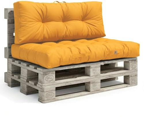 Coussin Palette - Lot de 2 Matelas Palettes pour extérieur ou intérieur - Coussins Capitonnés Moelleux - Déperlant et antiUV - Assise 120x80cm - Dossier 120x40cm - Jaune Miel - Déco Arts