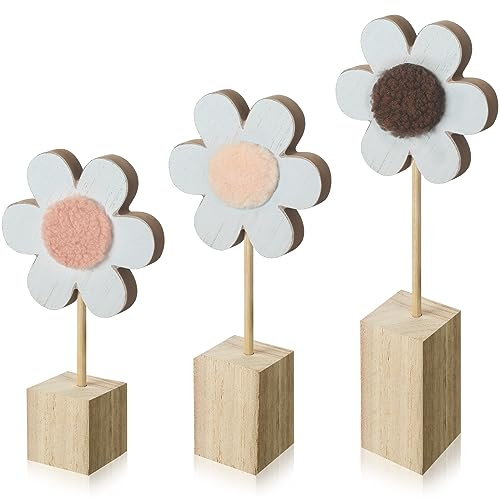 Suzile 3 Pcs Boho Nursery Shelf Decor Flower Wooden Table Sign Daisy Standing Table Centerpiece for Home Nursery Bedroom Girl Boy Baby Shower Decoration Gift