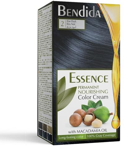 Bendida Coloración Permanente 120 ml con Aceite de Macadamia y Oxidante 6% | Cobertura 100% de canas & brillo duradero | Tinte Permanente | color crema nutritiva (2 azules negros)
