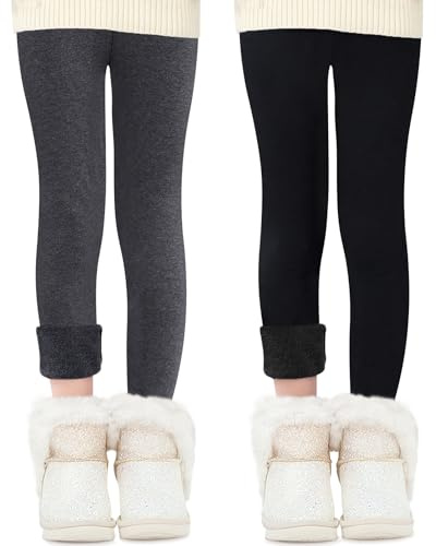 Domee Leggings Felpati Termici Pantaloni Invernali Cotone Bambina Pacco da 2 Nero+Grigio Scuro 10-11 Anni (Taglia Produttore 160)