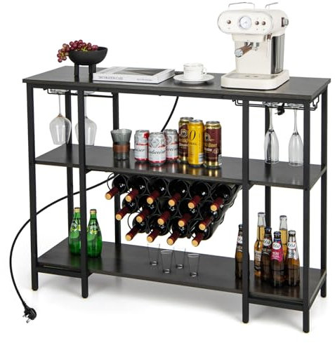 TANGZON Wine Bar Cabinet, 15 Bottle 3-Tier Wine Rack Table with 2 AC Outlets, 2 USB Ports, Glass Holders & Anti-tipping Device, Freestanding Home Bar Drinks Storage Sideboard Unit (Grey)