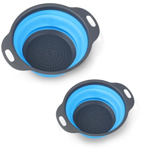 Tomoyuki 2 Pcs Collapsible Colanders & Food Strainers, Silicone Vegetable Fruit Drain Basket with Handles, Blue, Compact