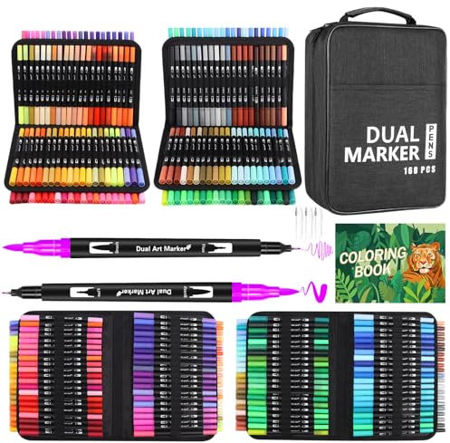 TrendGate Dual Brush Pen Set, 168 Farben Fineliner und Pinselstifte Set, Doppel Filzstifte Dicke und Dünne mit Malbücher für Handlettering, Bullet Journal, Mandalas Stifte für Kinder und Erwachsene