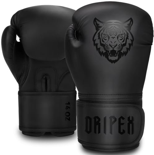 Dripex Boxhandschuhe, Boxsack Handschuhe PU-Leder, MMA Handschuhe Boxing Gloves Männer Damen für Boxen Muay Thai Kickboxen Sparring Kampfsport Training Schwarz(14 oz)