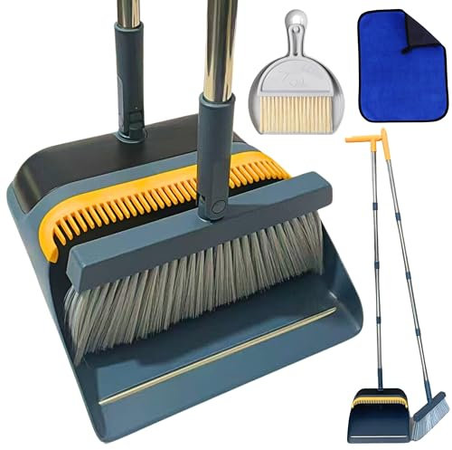 FLOORINGTON Dustpan and Brush Sets Long Broom Long Handled Dustpan & Brush Set Sweeping Brush Household Dust Pan with Soft Brush for Indoor Free Mini Dustpan Brush Set & Cleaning Cloth (GREY & YELLOW)