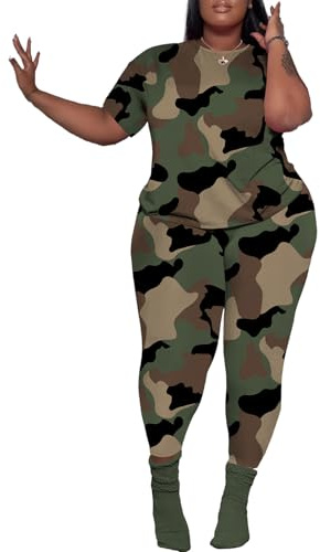 PINSV Women's Plus Size 2 Piece Outfits Tracksuits Short Sleeve Top Pants Sets Sweatsuits Camouflage 2XL
