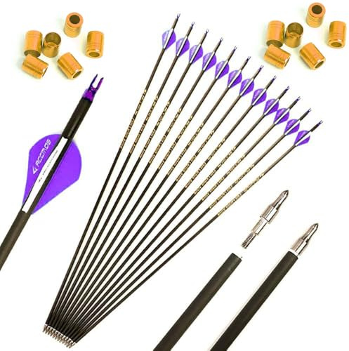 PHILOCS 12pcs 32-Pouces 350-Spine Flèche Pointe Amovible Flèche de Ciblage Flèche de Chasse Flèche de Sport 2 Plume en Plastique Flèches en Carbone pour Arc Recurve Arc à Poulies Tir à l’Arc Violet
