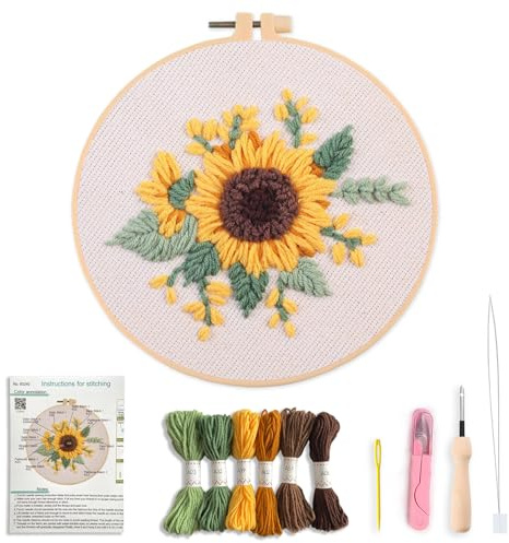 Creative Stab Punch Needle Kit, Sunflowers, Daisy & Flower Patterns , Beginner-Friendly ,Complete Set with Fabric, Needle, Yarn & Instructions , Perfect for Adult Handicraft Enthusiasts (sunflower)