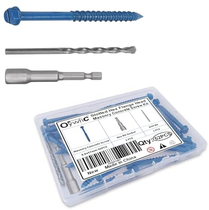 OywhC 50Pcs Masonry Concrete Screws 4.8mm x 57mm with Hexagon Socket Bit & Drill Bit, Special Blue Coating, Hexagon Flange Head, Conical Diamond Tip, High-Low Threads, for Masonry/Concrete/Brick/Block