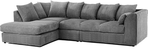 3&2 Seated Couches, 4-5 Seater L Shape Left & Right Hand Corner Sofa Grey, Comfortable 3+2 Settee Sofa Set, Durable and Elegant Love Seat and Arm Chair, Jumbo Cord Sofas for Living Room (LH 5 Seater)