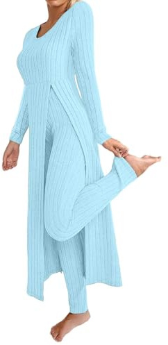 KBOPLEMQ Tuta da donna a due pezzi, maglia a maniche lunghe, top e leggings a costine, set da 2 pezzi, completo per il tempo libero, tuta da jogging, maglione a maglia, pantaloni lunghi svasati, tuta