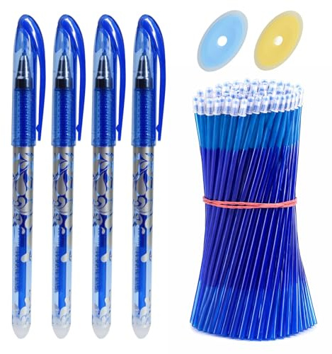 Stylos Effaçables Bleus 0,5 mm, Lot de 4 Stylos avec 50 Recharges d’Encre Effaçable et 2 Gommes, Stylo Bleu Effaçable à Écriture Fluide pour École, Bureau, Étudiants et Usage Quotidien