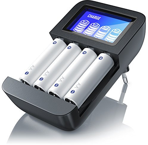 Cargador de Pilas Universal de 4 Unidades, con 4 Ranuras - Pantalla LCD - Pilas Recargables Tipo AA o AAA NiMH - Carga controlada por microprocesador - 4 Huecos de Carga - manejo Sencillo