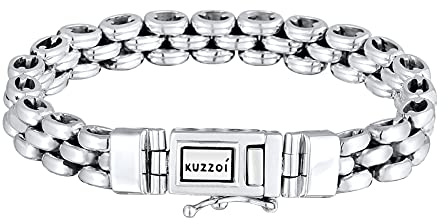 Kuzzoi Pulsera de plata para hombre, hecha a mano, de plata de ley 925 maciza, pulsera de eslabones para hombre, 8 mm de ancho, 0206790421, 23 centimeters, Plata de ley