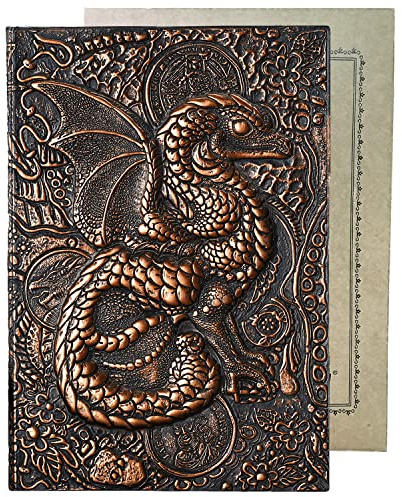 YHH Anteckningsbok DIN A5-linjerad, vintage läder dagbok, 200 sidor, präglat, inbundet omslag, ritband, resedagbok, notebook present för män vuxna flickor pojkar barn, 3D drake koppar