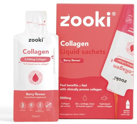 Zooki Marine Collagen Liquid Sachets 5,000mg – Great Taste, Sugar Free – High Strength Marine Collagen Supplements for Women & Men – Skin, Joints & Hair (Berry Flavour, 14 Servings)