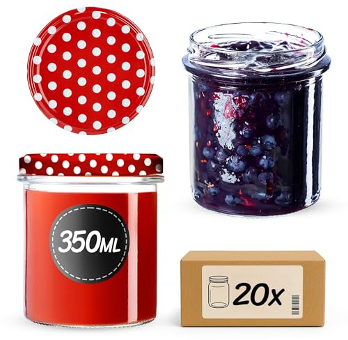 KADAX Syltburkar 350 ml, fi82 mm, konserveringsburkar med skruvlock, honungsburkar, konserveringsburkar för svamp, konserveringsdörrar, honung (20 stycken, röda prickig)