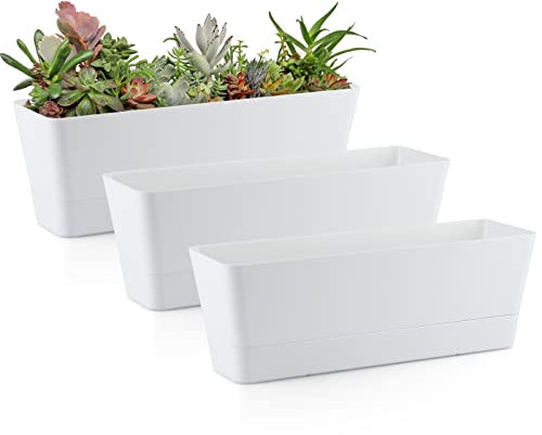 Skelang 3 Pcs Petit bac a Fleurs rectangulaire, Pot de Fleurs rectangulaire en Plastique, jardinieres Exterieur Balcon pour Plantes succulentes, Herbes, Cactus (Blanc)