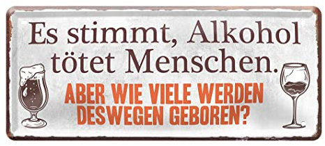 Retro Metallschild zum Thema Alkohol - Deko Blechschild im Format 28x12cm - witziges Schild mit lustigen Spruch für Partykeller Kellerbar Theke Pub - Bar Zubehör Dekoration