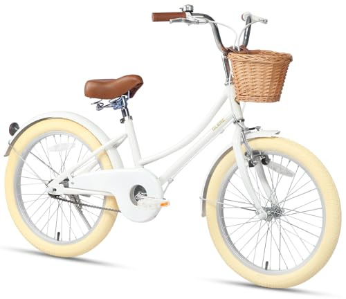 Glerc 20 pollici bambini ragazza bicicletta per 6 7 8 9 10 anni bambina retrò stile vintage biciclette con cestino ruote di allenamento e campana, bianco