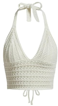 LOFAAC Women Sexy Hollow Out Crochet Crop Halter Tops Y2K Knitted V Neck Sleeveless Backless Lace Up Crop Cami Tank White