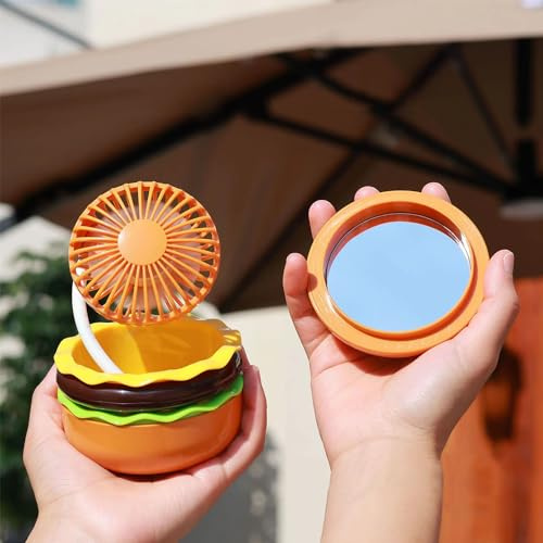 YZYOE Mini ventilatore ricaricabile per hamburger, ventilatore creativo carino con specchio, modalità 3 velocità, piccolo regalo per famiglia e amici in estate.