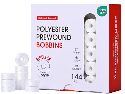Poolin Prewound Bobbins, Richword Selected White SideLess 144pcs Size L(SA155), 75D/2(60WT) Polyester Bobbin Thread for Commercial Multi Needles Embroidery Machine, 130 Yards