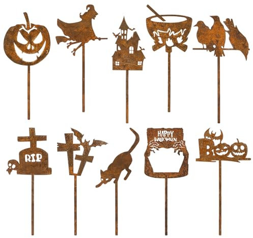 10pcs Piquet de Jardin Decoratif Halloween en Métal Rouillé Décoration de Jardin Motif Citrouille Sorciere Signes de Jardin Décorations Extérieures Pelouse Terrasse Balcon Décoration pour Halloween