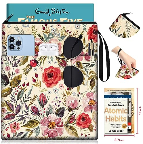 OffiEase Book Sleeve Pouch Cover Protector - Paperback Hard Book Booksleeve with Zipper Reading Accessories for Bookish Lovers Women Readers Beige Flowers