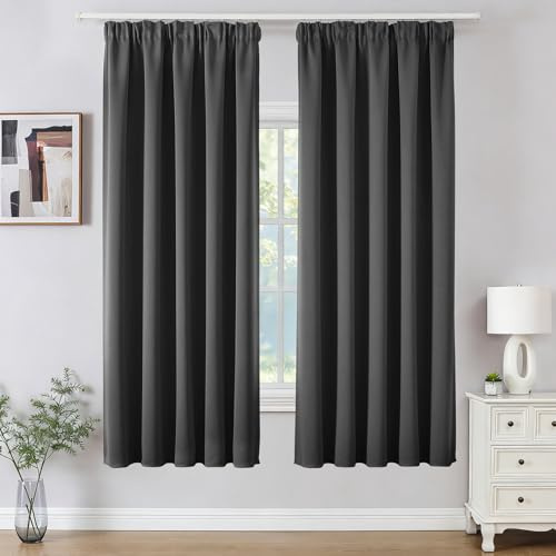 Joydeco Tende Oscuranti per Interni con Fettuccia 2 Pezzi L 117 x A 183 CM, Tende Termica Isolante Freddo e Caldo per Finestra Binario Camera da Letto e Soggiorno, Grigio Scuro