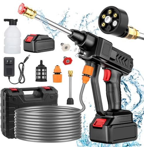 Aolawco Akku Hochdruckreiniger, Tragbarer Hochdruckreiniger mit 6 in 1 Multidüse, 5M Schlauch, Verlängerungslanze und Schaumsprüher für Autowäsche, Bodenwäsche, Reinigung und Blumenbewässerung