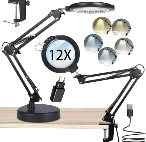 GABORISH 12X Tischlupe mit Licht und Ständer, Tischlampe mit Lupe & Lupenleuchte mit Klemme 2-in-1, 5 Farbmodi+Stufenlos Dimmbar, Hände-frei für Lesen Reparatur Schließen Arbeit, Lupenlampe mit Licht