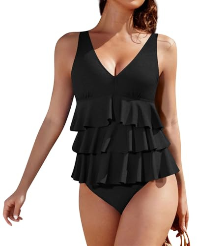 Maillot de Bain Femme 1 Pieces Elégant Monokini Push up Maillot Une pièce Ourlet à Volants Amincissant Dos Nu Bikini per Piscine Sport Plage,Noir,L,f2177a
